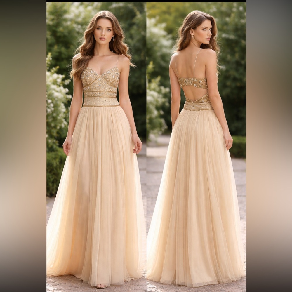 Aidan Mattox beaded spaghetti strap sleeveless tulle long gown